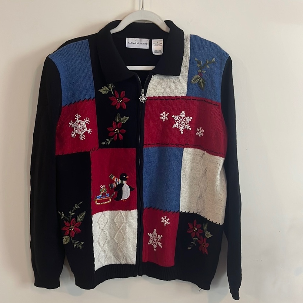 Alfred Dunner Zip Up Christmas Sweater Holiday Beaded‎ Embroidered L Vintage